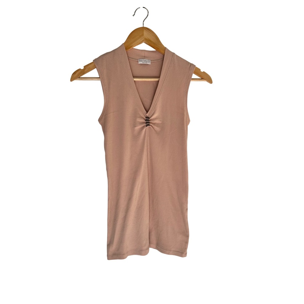 Brunello Cucinelli Pink Ribbed Cotton Monili V-Neck Sleeveless Top Small Italy
